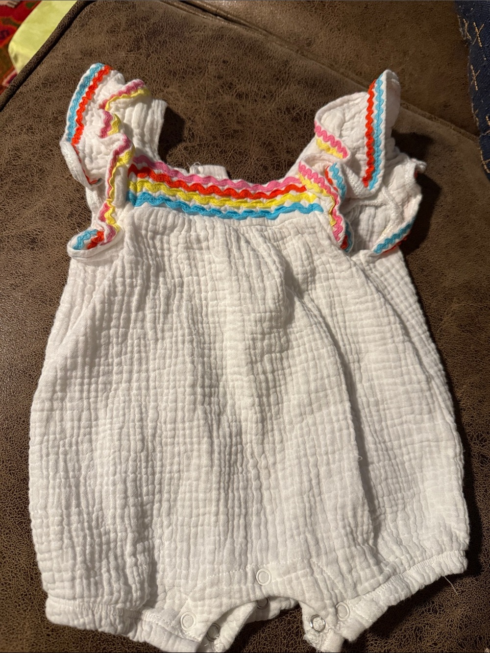Mud Pie White Gauze Baby Romper with Rainbow Trim